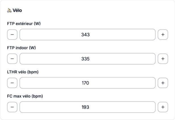 Paramètres individuels de vélo : FTP extérieur et indoor, fréquence cardiaque au seuil et maximale, dans la configuration du coach.