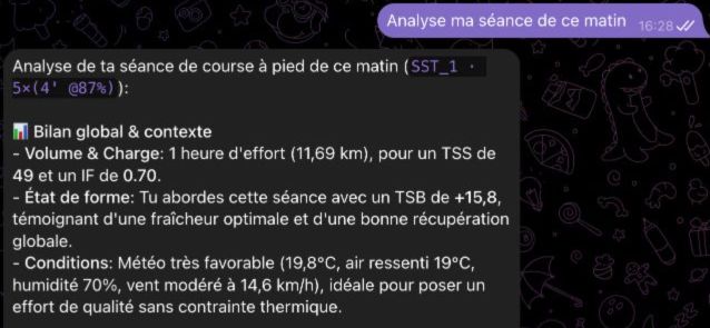L’athlète demande « Analyse ma séance de ce matin ». Wattson répond avec le volume, la charge, la fraîcheur et les conditions de la séance.