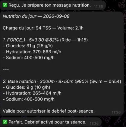 Wattson transmet les repères nutritionnels de deux séances, puis confirme l’activation du débrief après l’effort.